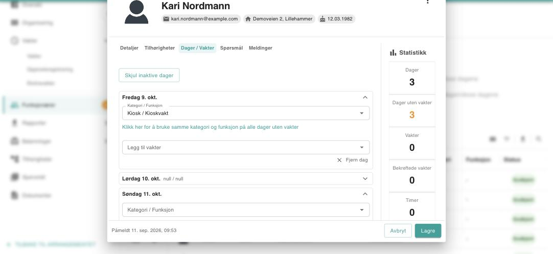 Kategori og funksjon satt på alle dager