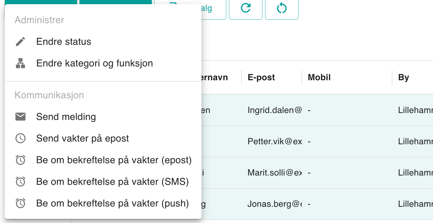 Handlingsmenyen for valgte funksjonærer