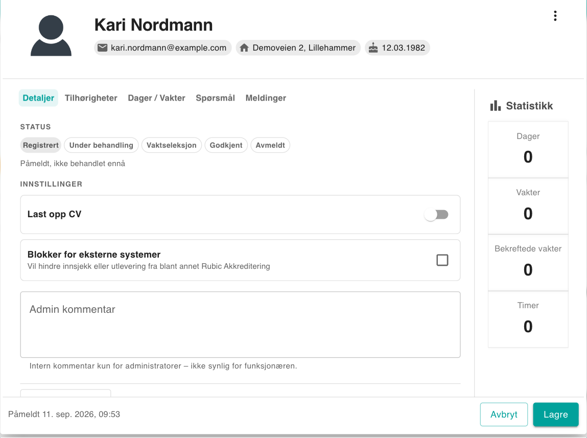Funksjonærens detaljpanel med statusrad og statistikk