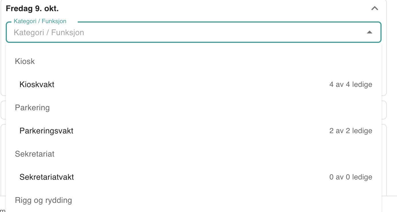 Valg av kategori og funksjon med antall ledige plasser
