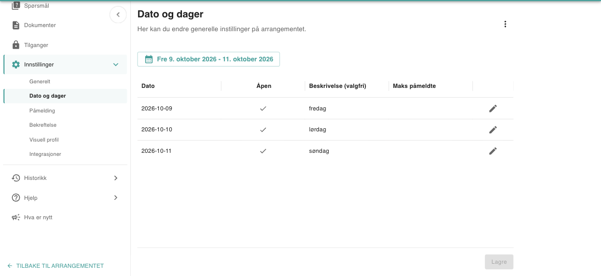 Dato og dager med én rad per dag