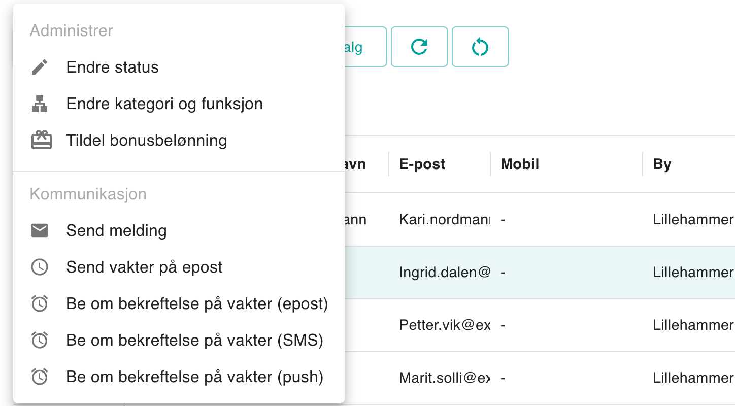 Handlingsmenyen for valgte funksjonærer
