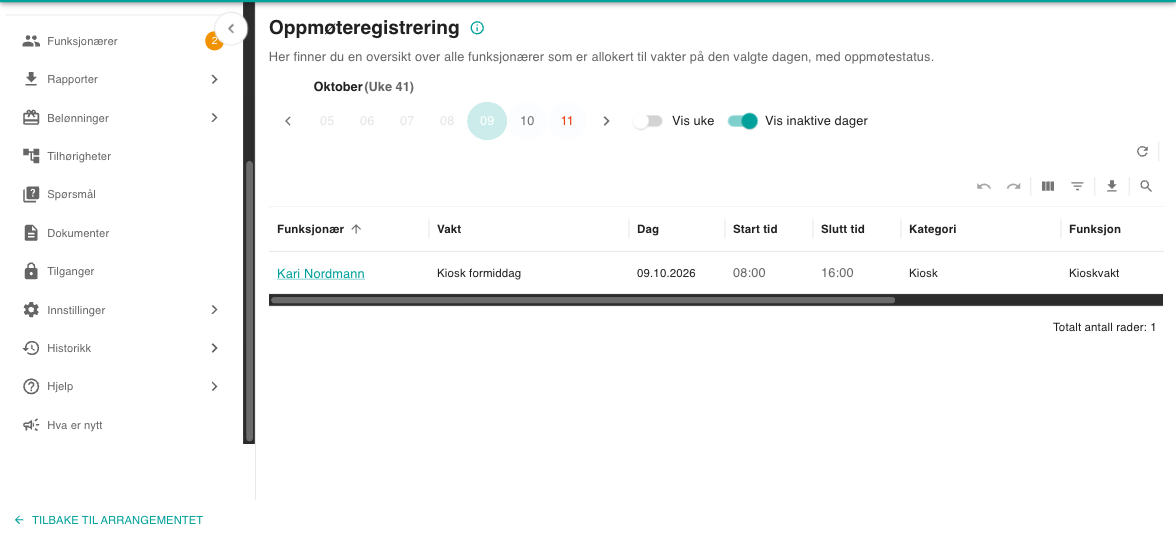 Oppmøteregistrering med dagvelger