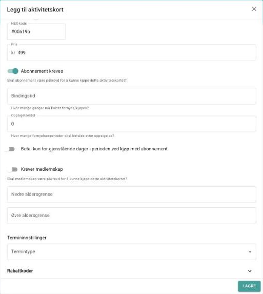 Aktivitetskort med Abonnement kreves, bindingstid og oppsigelsestid