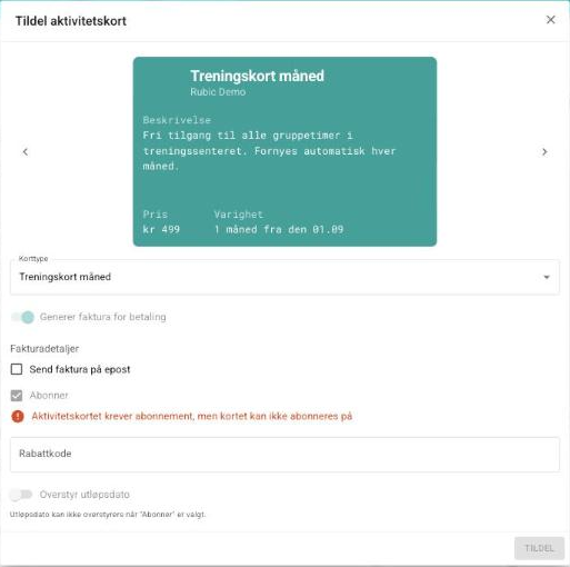 Dialogen Tildel aktivitetskort med melding om at kortet krever abonnement
