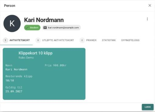 Personen Kari Nordmann med Klippekort 10 klipp, 10 av 10 klipp igjen