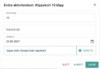 Dialogen Endre aktivitetskort med antall klipp, gyldig til og frysperiode