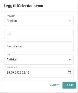 Dialogen Legg til iCalendar-strøm med feltene Provider, URL, Beskrivelse, Mal og Utløpsdato