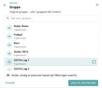 Valg av gruppe som skal inviteres, med laget G2016 Lag 1 valgt