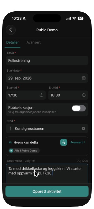 Skjemaet for en ny aktivitet