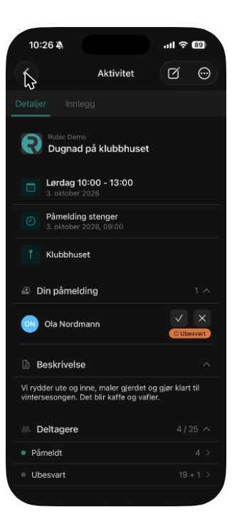Aktiviteten viser påmeldte og ubesvarte