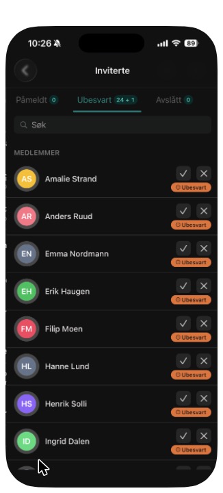 Listen over inviterte, der du kan melde på eller av