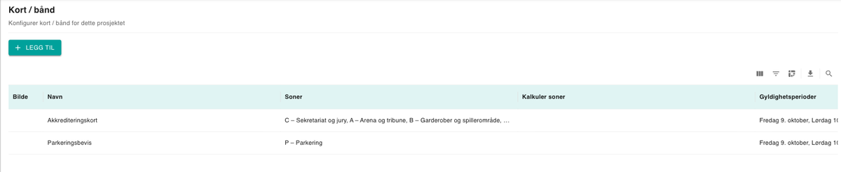 Listen over kort / bånd med soner og gyldighetsperioder