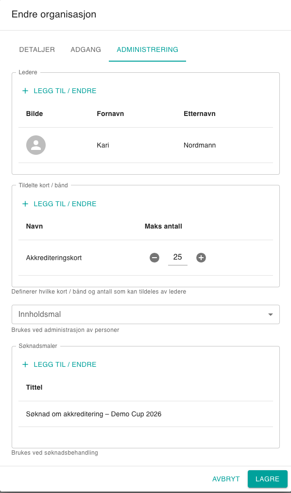 Fanen Administrering med leder, kort og søknadsmal