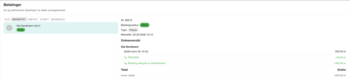 En betaling med ordreoversikt og rabatter